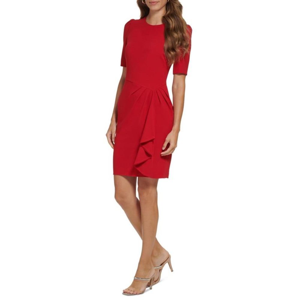 DKNY Womens Red Draped Knee Puff Sleeve Sheath Dress NWOT